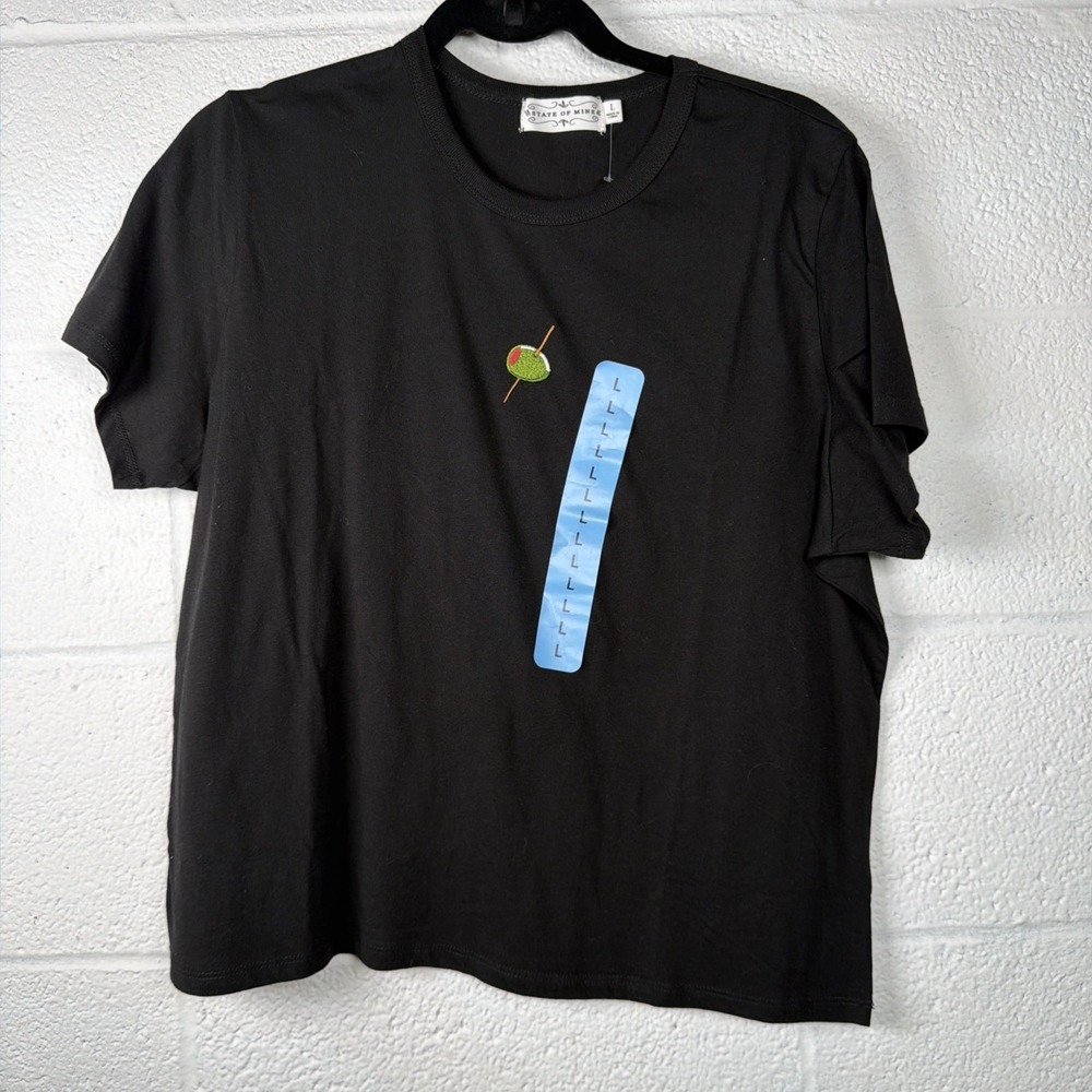 State of Mine Martini Olive Baby Tee Black Embroidered Cocktail Shirt NWOT L